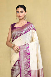 Off-White & Purple Banarasi Handloom Saree, Contrasting Border